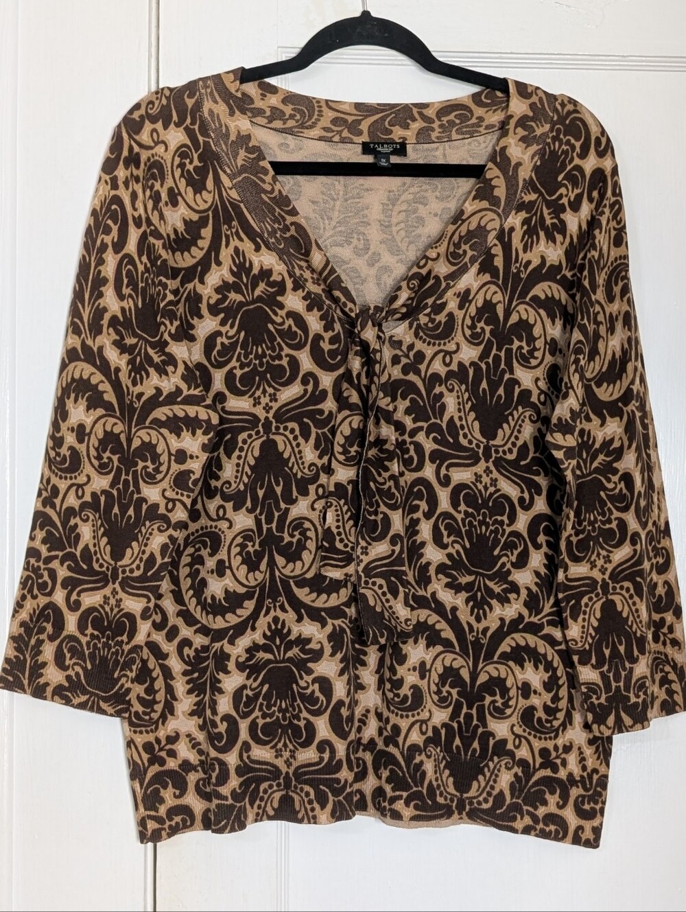 Talbots Women's Brown Lightweight 3/4 Sleeve Tie Neck Silk Knit Paisley Damask